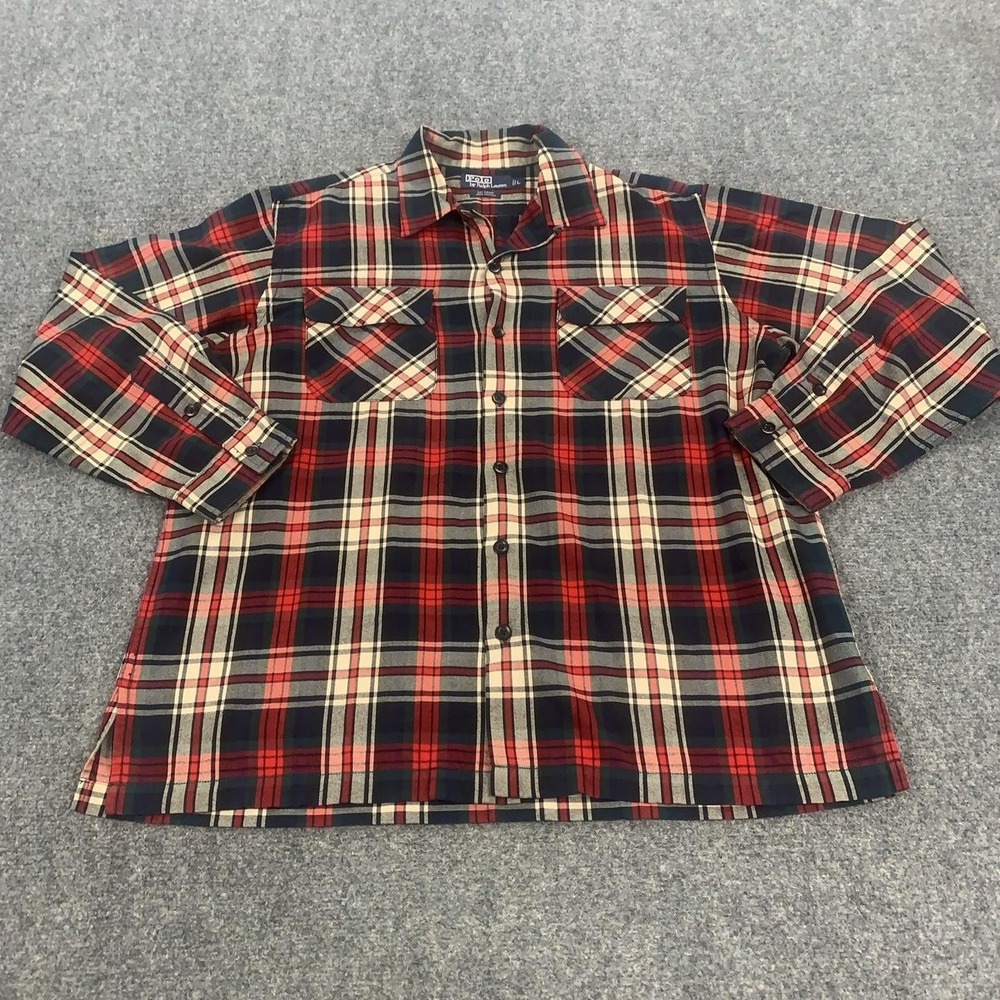Vintage Polo Ralph Lauren Shirt Mens L Red Plaid Flannel Ski Camp Button Front